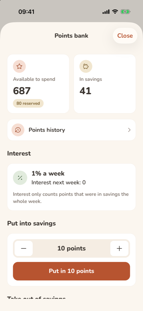 The points bank: 687 points to spend, 41 in savings, 1% interest a week, and buttons to put points into savings.
