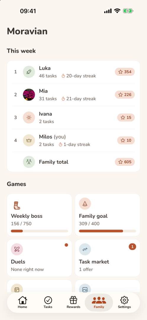 The Family tab: this week’s leaderboard with streaks and the family total, and the games as tiles: the weekly boss, the family goal, duels and the task market.