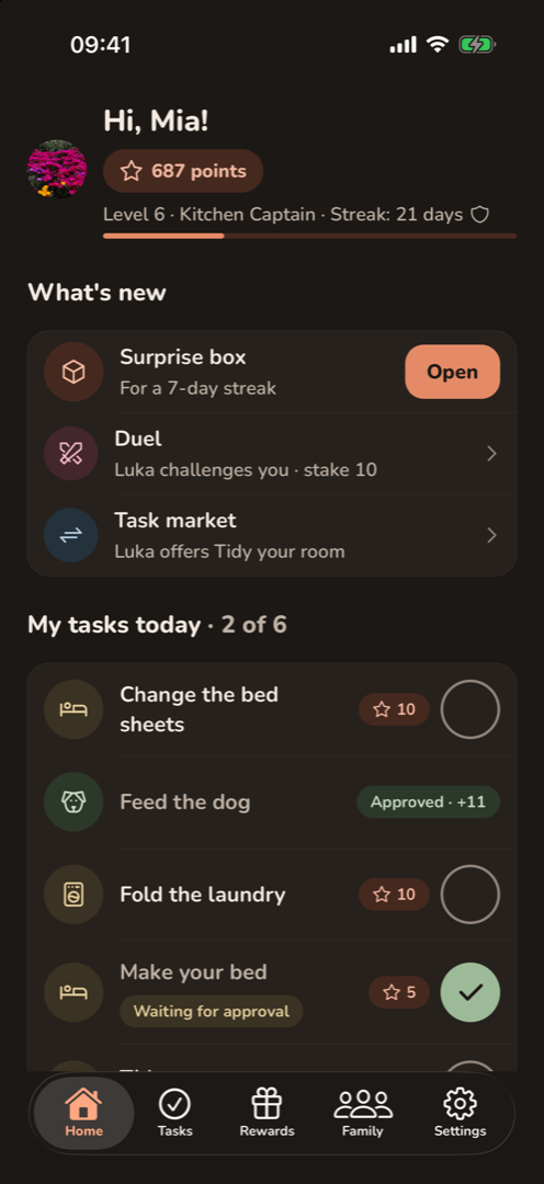 A child's Home screen in dark mode: points, level and streak, a surprise box to open, and today's tasks.