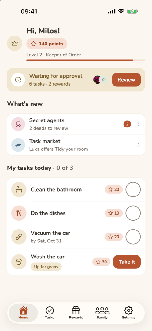 A parent's Home screen: points and level, a notice that six tasks and two rewards are waiting for approval, what's new, and today's tasks with one up for grabs.