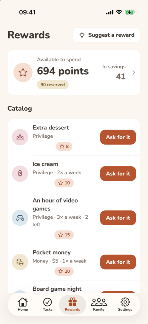 A child's Rewards tab: 687 points to spend, 80 reserved and 41 in savings, and the catalog with an Ask for it button on each reward.